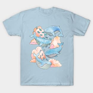 Aqua Blue Whales & Fish Swimming Within Dreamy Sunset Clouds T-Shirt